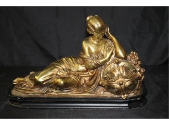 Vintage Classical Female Figure Leaning On A Circular Floral Entwined Pose Brass - Metal Base