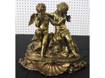 Quality Antique Bronze Figure Statue Of Cherubs & Angel With Seashells & Floral Garlands