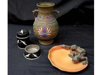 Vintage Champleve Vase & P. Ipsens Art Pottery Ceramic Dish With Lizard, Very Cool And Collectible Piece
