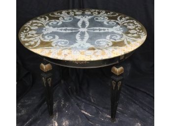 Hollywood Regency Style Reverse Painted On Glass Mirror Top Cocktail Table On Black Painted Base