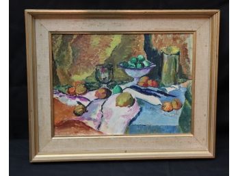 Impressionist Style Oil Painting Still Life Of Fruit & Tablescape In Original Frame