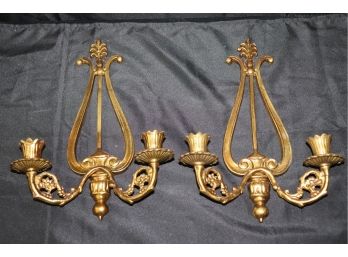 Pair Of Vintage Brass Sconces Having A Lyre Shape (Not Electrified) & Two Candlesticks