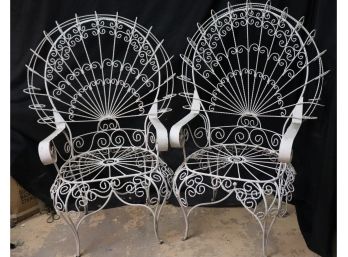 Fresh Looking Pair Of White Metal Fan Or Peacock Back Arm Chairs - Perfect Sunroom Decor