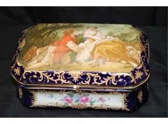 Large Hand Painted Porcelain Box Featuring A Portrait Of Lovers In A Pastoral Setting
