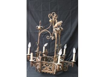 Antique Medieval Style Metal Chandelier With Mermaid Motif Along The Sides & Floral Vines - 6 Arms/Lights
