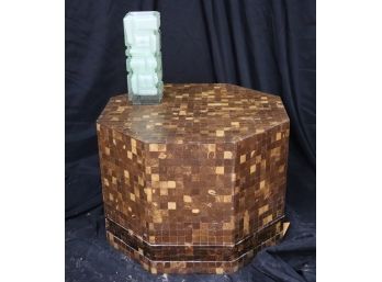 Mid Century Modern Octagonal Side Table - Small Exotic Squares Of Wood With Modern Cubist Glass Vase