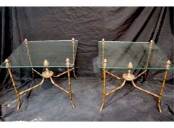 Pair Of Decorative Glass Top Side Tables With Faux Bamboo Metal Bases & Acorn Finials