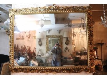Fabulous Oversized Antique Framed Mirror With Wood Gold Leaf Scrollwork Frame