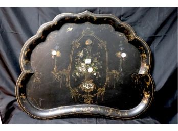 Antique Papier-Mache Tray With Beautiful Scalloped Edge Design Painted Gold Details & Mother Of Pearl Inlays