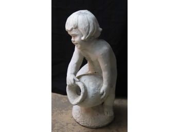 Vintage Cement Figure Of Little Girl With Jug Or Vase. Her Cute Smile Will Delight You In The Garden
