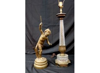 Tall Glass Table Lamp With Gold Metal Detail Along With Bronze Figural Lamp Of Smiling Cherub
