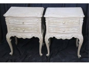 Pair Of Light Painted 2 Drawer Nightstand/Commodes With Louis XV Carved Decorative Legs