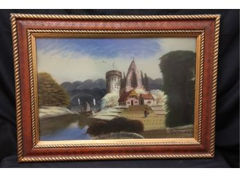 Reverse Painting On Glass Of Dutch Landscape With Church And Tower Of A Manor House On A Bucolic Lake