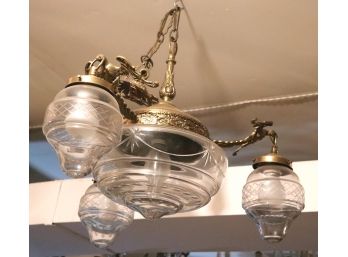 Federal Style Brass Chandelier With Etched Glass Globes & Eagles Detailing 4 Lights