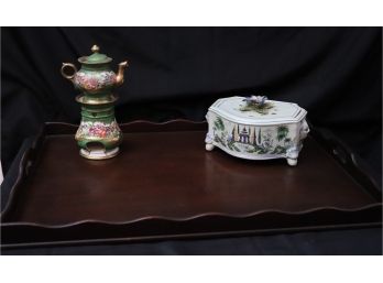 Vintage European Hand Painted Tulip Holder With North Wind Handles & Porcelain Hand Painted Tea Teapot