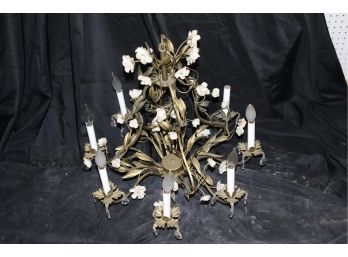 French Style Porcelain Flowers Chandelier With 8 Lights & Metal Leaf Frame
