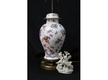 Tall Impressive Hand Painted Porcelain Urn Shape Lamp With Overall Floral Design & Vibrant Colors & Great Cond