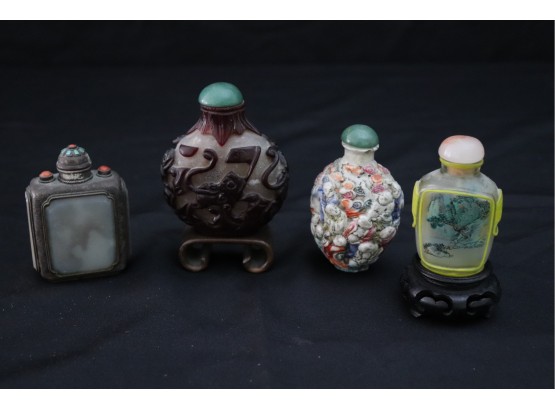 Collection Of Vintage Miniature Snuff Bottles Includes Etched Metal & Stone, Painted Glass, & Bottle With Face