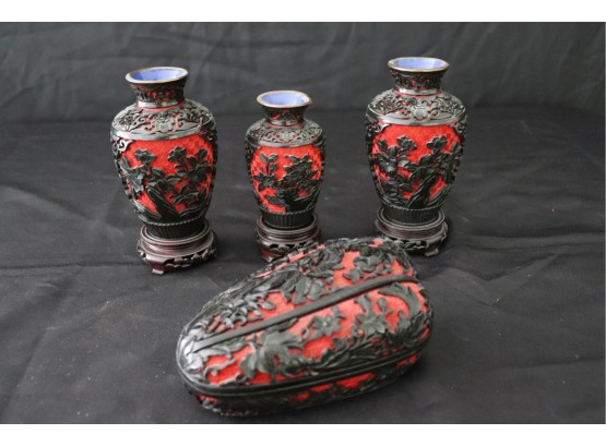 Collection Includes 3 Cinnabar/Blue Enameled Vases & Lacquered Pepper Shaped Box