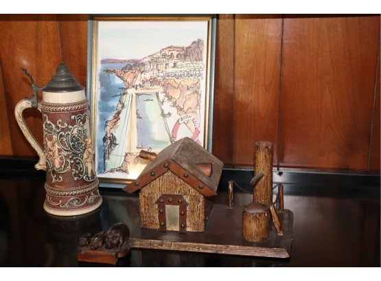 Vintage Beer Stein With Folk Art Cabin And Carved Wood Pigs