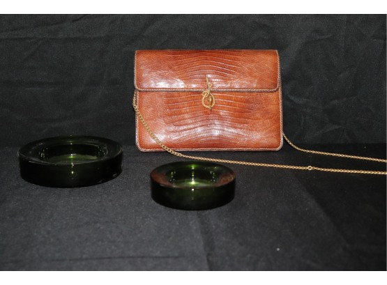 Vintage Womens Handbag By Lopez UN Mundo De Cuero & Vintage Ashtray/Coasters/Green Glass