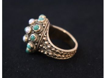 18K YG Seed Pearl & Green Stone Cluster Ring Size 4.5