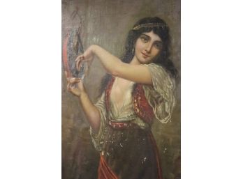 Vintage Gypsy Tambourine Girl Painting Signed By J. Mienknert