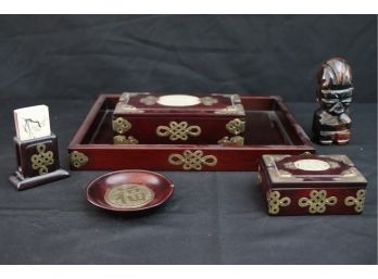 Collection Of Detailed Boxes With Ornate Brass Details, Stone Totem Figure & Small Lacquered Vases