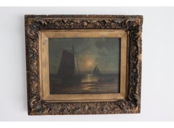 Vintage Maritime Ship Painting Signed By Artist In Ornate Gilded Frame Nice Little Piece!