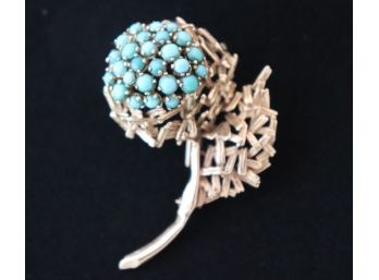 14K YG Flower & Leaf Pin With Turquoise Style Accent Stones