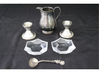 Tiffany Sterling Pitcher, Sterling Spoon With Rose Handle & 2 Weighted Candlesticks & Lalique