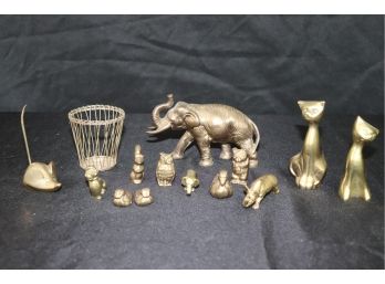 Collection Of Decorative Brass Miniatures Including Elephant, Brass Cats, Mouse, Rhino, Bear & More