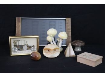 Collection Includes 3 Piece Artistic Mushroom Signed & Stamped, Rolls Royce Gear Wall Art- Mini Stone Pieces