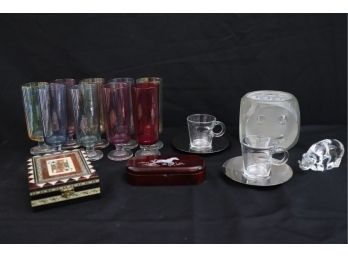 Collection Includes Multicolored Glasses, Miniature Glass Rhino & Beautiful Inlaid Boxes