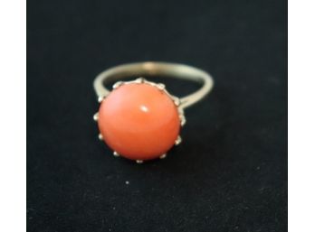 14K YG Ring With Coral Sphere Center Stone Size 9