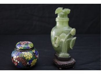 Vintage Jade Fragrance Bottle With Floral Detail & Cloisonn Floral Style Urn With Lid
