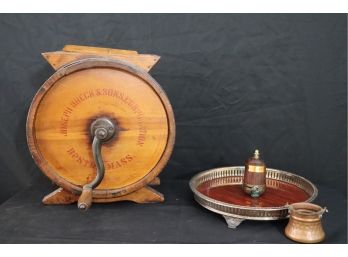 Vintage Joseph Breck & Sons Butter Churn Boston Mass With Lacquered Wood Tray & Mini Copper Cauldron