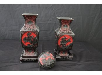 Vintage Asian Style Cinnabar Vases With Dark Lacquered Wood & Carved Floral Detailing Includes Trinket Box