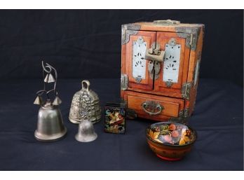 Small Vintage Asian Style Jewelry Box With Ornate Detail & Key With Collection Of Decorative Bells