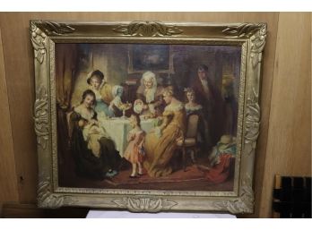 'A New Addition To The Family' By Rottman Mozart Vintage Painting On Mason Board Signed On Lower Corner