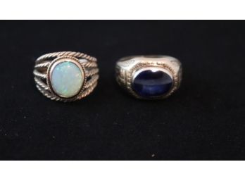 14K YG Pair Of Rings Blue Sapphire Center Stone Size 8.5, Opal Style Center Stone & Open Band Size 6