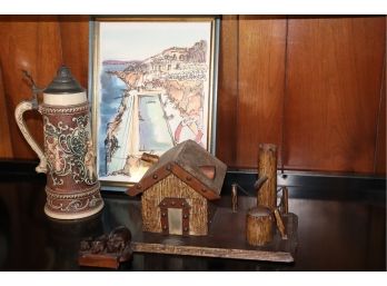 Vintage Beer Stein With Folk Art Cabin And Carved Wood Pigs