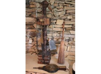 Vintage Fireplace Tools With Wood Stand & Vintage Bellow With Brass Plate/Shield