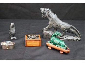Decorative Miniatures Includes Malachite Horse Figure, Soapstone Tiger & Alpaca Silver Box