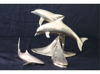 Collection Of Brass Nautical Items Includes Jumping Dolphins, Brass Shark & Mini Sailboat