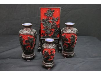 Collection Of Quality Vintage Asian Style Enameled Cinnabar Vases & Screen With Enamel Lining