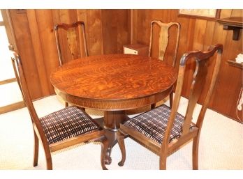 Gorgeous Tiger Oak Table With 4 Vintage Splat Back Queen Anne Style Chairs