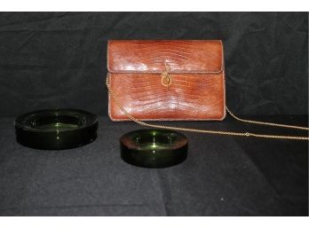 Vintage Womens Handbag By Lopez UN Mundo De Cuero & Vintage Ashtray/Coasters/Green Glass