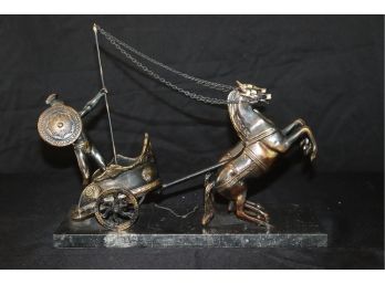 Roman Soldier Gladiator/Chariot On Marble Base With A Vintage Distressed Brass/Bronze Colored Finish