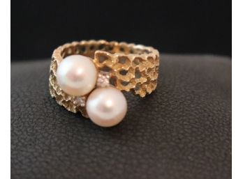 18K YG Pearl & Diamond Accented Cocktail Ring Size 7 Open Design Band